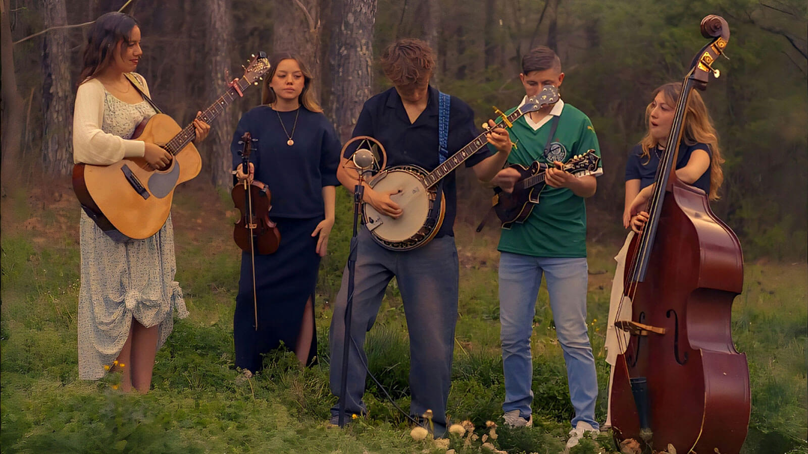 a group playing different bluegrass instruments