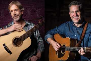 Side-by-side portraits of bluegrass guitarists Tyler Grant and Bryan Sutton. On the left, Tyler Grant poses with an acoustic guitar wearing a patterned shirt. On the right, Bryan Sutton smiles while holding a Martin acoustic guitar, wearing a blue denim shirt.