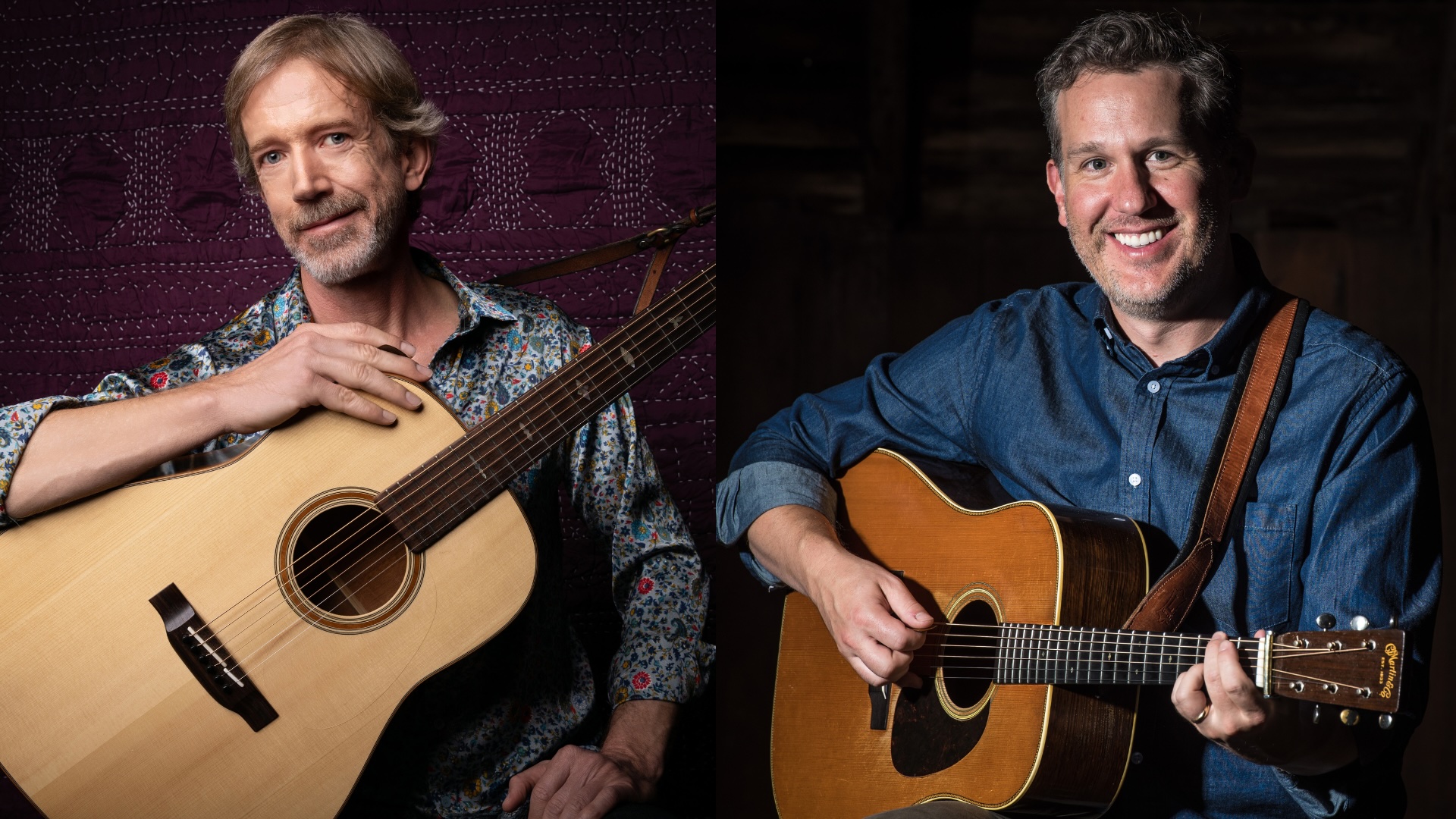 Side-by-side portraits of bluegrass guitarists Tyler Grant and Bryan Sutton. On the left, Tyler Grant poses with an acoustic guitar wearing a patterned shirt. On the right, Bryan Sutton smiles while holding a Martin acoustic guitar, wearing a blue denim shirt.