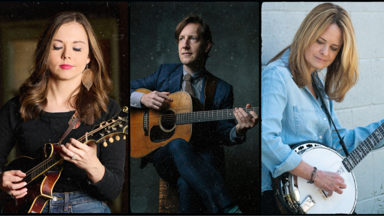 sierra hull playing mandolin, chris eldridge playing guitar, alison brown playing banjo