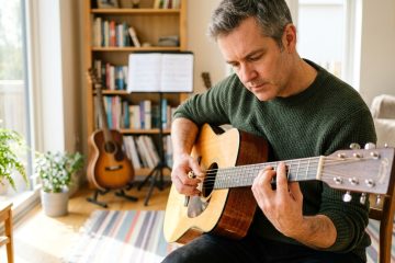 Man in a green sweater sits and plays an acoustic guitar in a sunny living room with a bookshelf and guitars in the background.