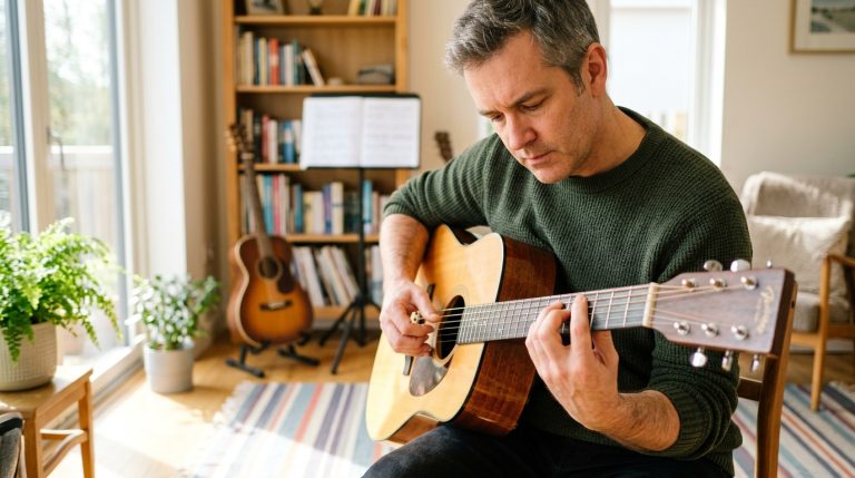 Man in a green sweater sits and plays an acoustic guitar in a sunny living room with a bookshelf and guitars in the background.