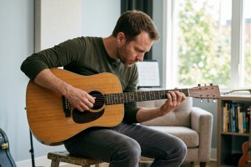 Man sitting on a wooden stool, playing an acoustic guitar in a bright living room.