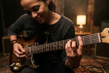 Guitar player feeling the groove playing a tan electric guitar in a jam room
