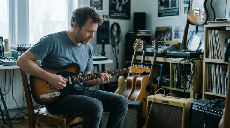 Man in a blue t-shirt sits on a wooden chair, playing a sunburst electric guitar in a home studio with amps, guitars, records visible.
