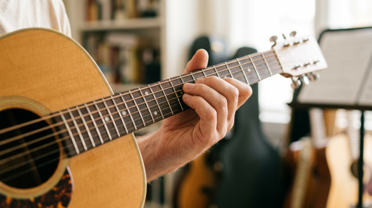 Close-up of a person’s fretting hand on the strings of an acoustic guitar, in a cozy music room.