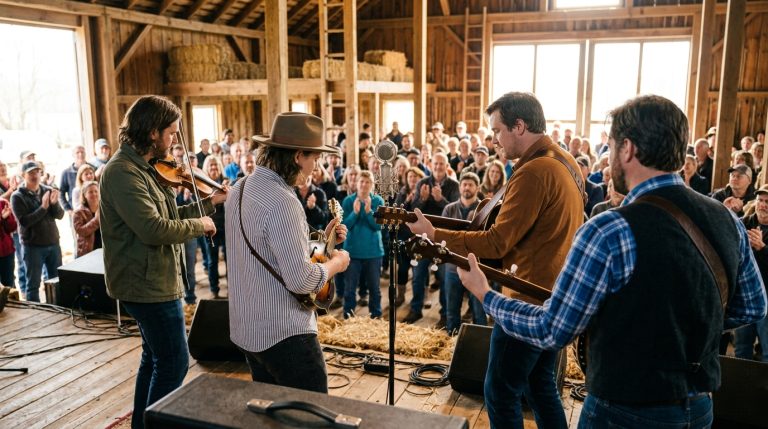 Four musicians perform on a wooden stage in a rustic barn, playing string instruments as a crowd applauds.