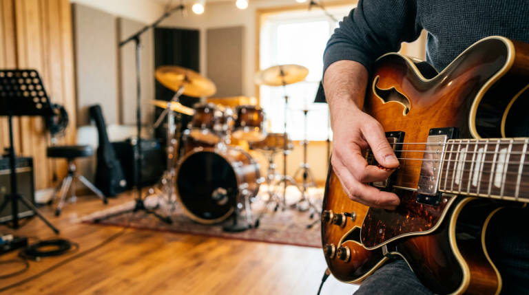 Close-up of a guitarist playing a sunburst semi-hollow guitar in a rehearsal studio, with drums in the background.