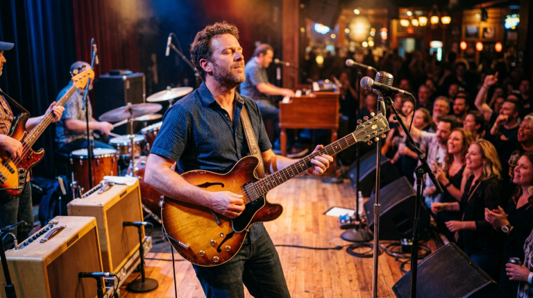 Guitarist in a blue shirt playing a sunburst semi-hollow guitar on stage as a lively crowd watches from the right.