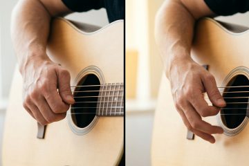 Close-up of a guitarist’s hands playing an acoustic guitar, strumming the strings near the soundhole on a sunlit scene (two-panel image).