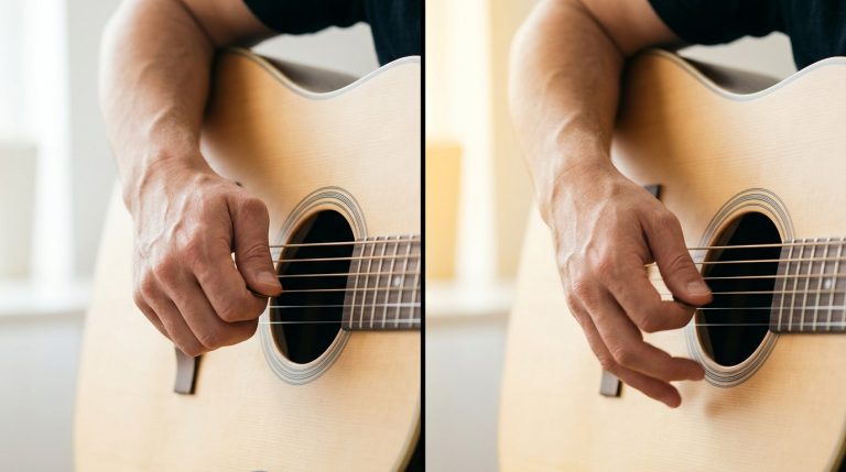 Close-up of a guitarist’s hands playing an acoustic guitar, strumming the strings near the soundhole on a sunlit scene (two-panel image).