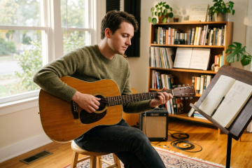 Man sits on a stool playing an acoustic guitar in a sunlit room with a music stand and open notebook nearby