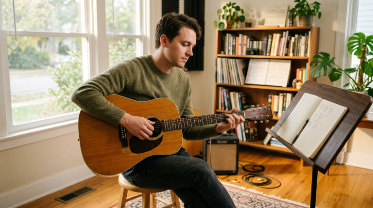 Man sits on a stool playing an acoustic guitar in a sunlit room with a music stand and open notebook nearby