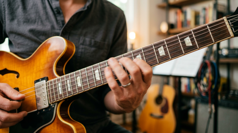 Close-up of a person playing a sunburst electric guitar, fretting chords on a wooden neck in a cozy studio setting.
