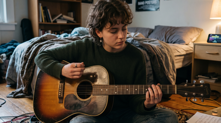 Young girl improvising on an acoustic guitar in a natural lit bedroom setting, sitting on the floor