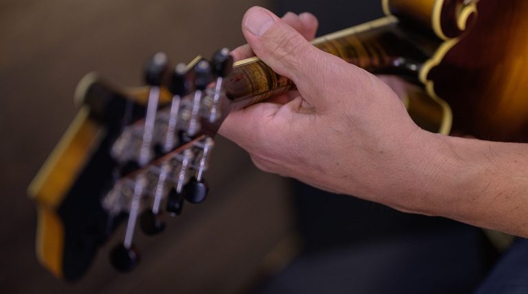 mandolin player holding the neck of a mandolin, seen from the back of the head stock