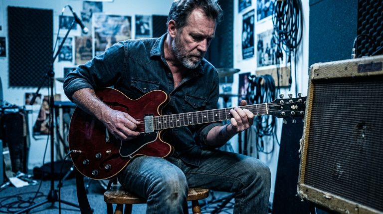 a blues guitarist in his 50s sitting slightly off-center on a wooden stool in a small rehearsal room, hunched forward mid-strum on a semi-hollow electric guitar, a battered combo amp clipped at the right edge of the frame