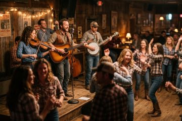 A bluegrass band performs to a warm lit barn dance in a roadhouse venue