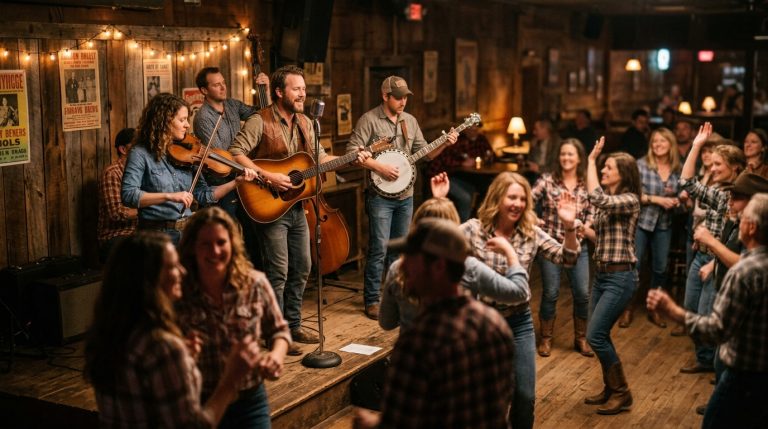 A bluegrass band performs to a warm lit barn dance in a roadhouse venue