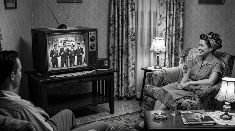 Couple watches a doo wop band perform on television in a 50's living room setting