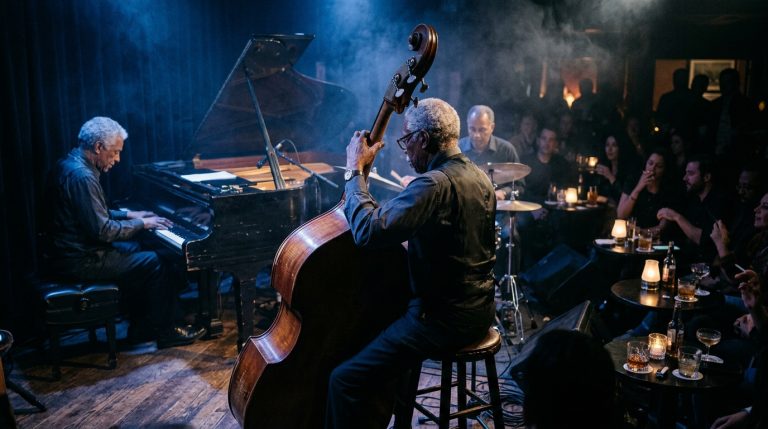 on stage shot of a jazz trio performing at a small cocktail bar, upright bass player, pianist and drummer playing the changes.