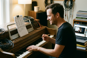 Piano student studies a chord progression chart at the piano in his practice room at home