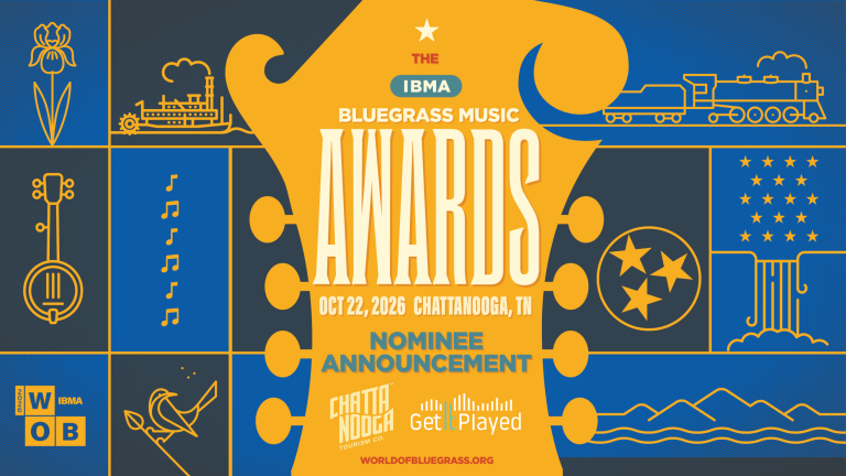 Poster for The IBMA Bluegrass Music Awards Nominee Announcement, featuring bold orange central motif with 'AWARDS', date Oct 22, 2026, Chattanooga, TN, and related logos.