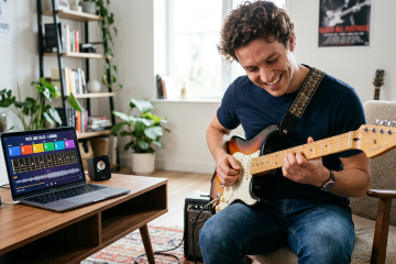 Young male guitarist in his bedroom enjoying playing along and improvising with a backing track program