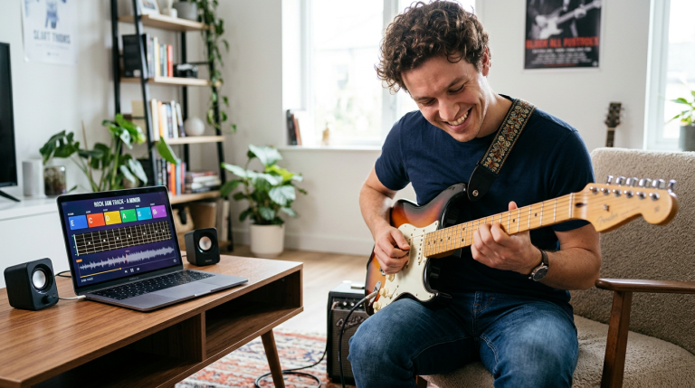 Young male guitarist in his bedroom enjoying playing along and improvising with a backing track program