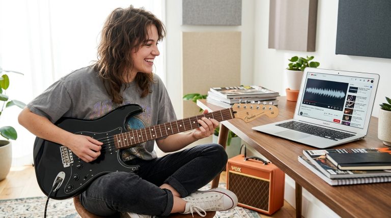 girl sits cross legged at her laptop playing a black strat and improvising over a backing track
