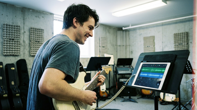 Young man practicing electric guitar improvising on a single string using an ipad to play a track