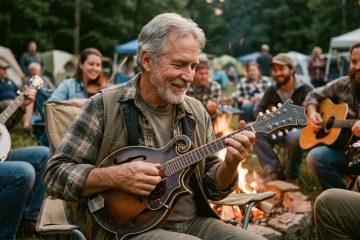 Man improvises in a jam circle at a bluegrass festival between bands, playing an F5 style mandolin and smiling