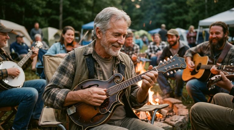 Man improvises in a jam circle at a bluegrass festival between bands, playing an F5 style mandolin and smiling