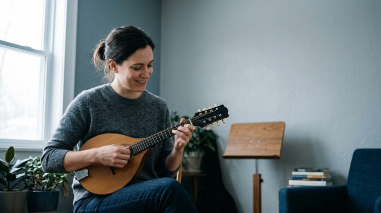 young women smiling playing mandolin in a practice room