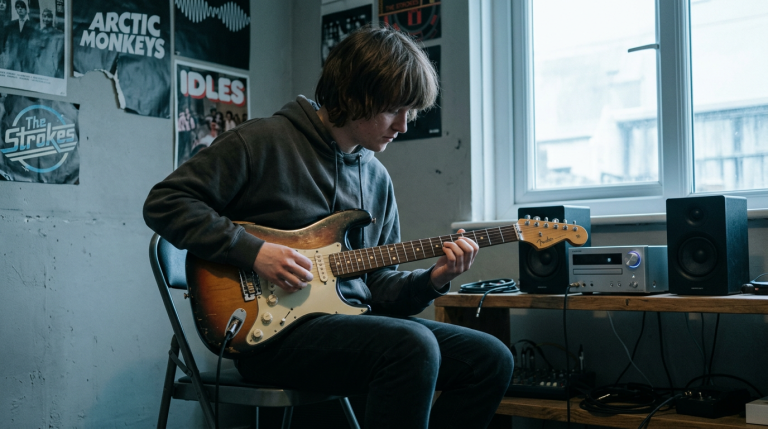 young boy with electric guitar practices in his bedroom playing improv along with his favorite song