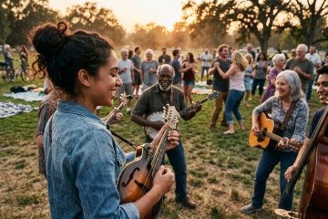 young female mandolin player improvises confidently at a jam in a park with other players in a social setting