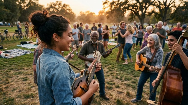 young female mandolin player improvises confidently at a jam in a park with other players in a social setting