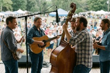 a bluegrass band performs on stage at an outdoor daytime festival, the band is backing up the bass while he takes a solo