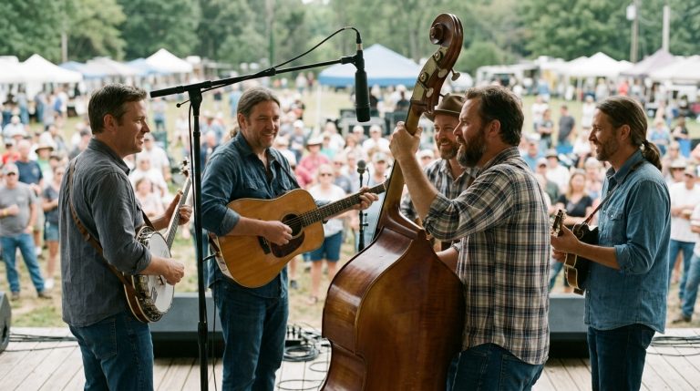 a bluegrass band performs on stage at an outdoor daytime festival, the band is backing up the bass while he takes a solo