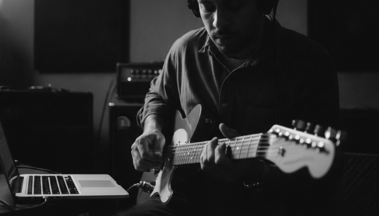 black and white photo of guitarist playing in front of a laptop practicing thirds and sixths