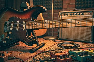 illustration of a fender style guitar in a practice room, ready for playing R&B guitar songs.