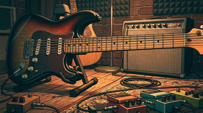 illustration of a fender style guitar in a practice room, ready for playing R&B guitar songs.