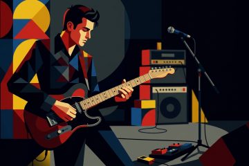 A bauhuas style animated image of a guitar player playing a super shuffle on a small stage