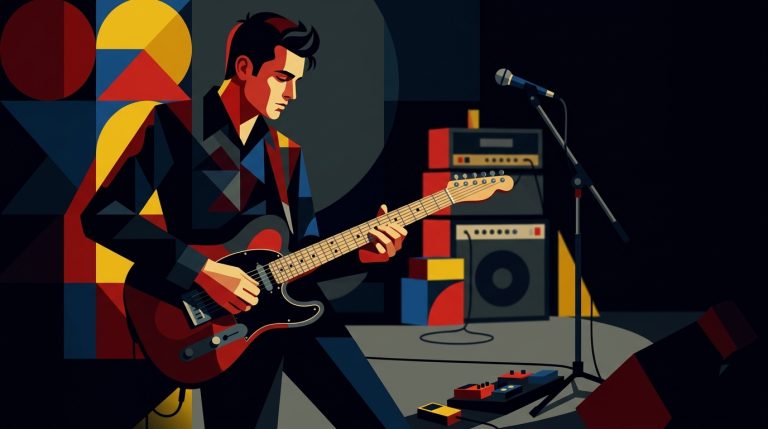 A bauhuas style animated image of a guitar player playing a super shuffle on a small stage