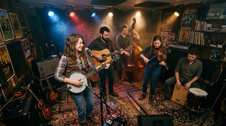 Folk band performing in a cozy studio: singer with banjo at center, guitar, upright bass, violin, and percussion players around her under colorful stage lights.