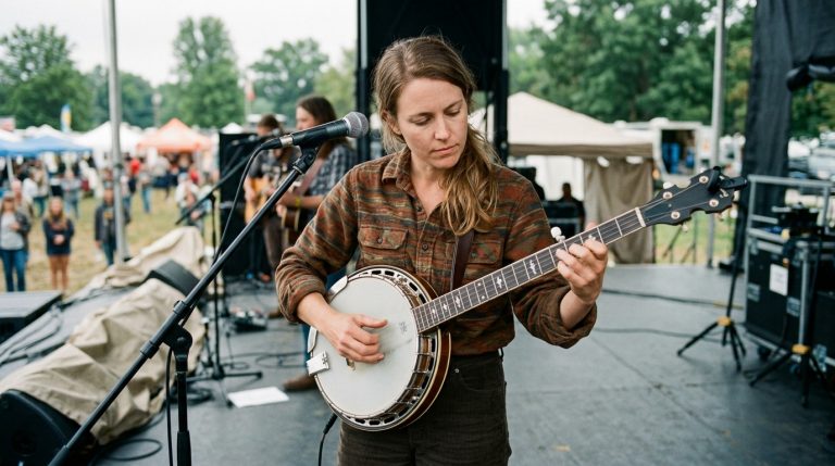 a women in her 20's plays banjo backup while a guitarist takes a solo at a bluegrass outdoor festival