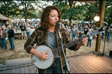 a solo female banjo player on a folk festival stage demonstrating vocal backup on banjo