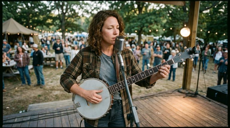 a solo female banjo player on a folk festival stage demonstrating vocal backup on banjo