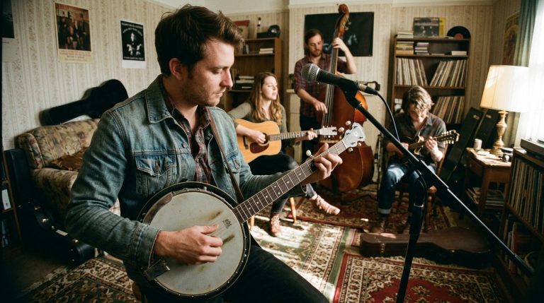 a young bluegrass band practices a jam in a living room, the banjo player demonstrates backup over a mandolin solo