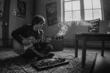 a guitar player plugged into a laptop, music notes flow like smoke through the air as AI learns from his sound. He is considering consent and compensation for the music AI learned from